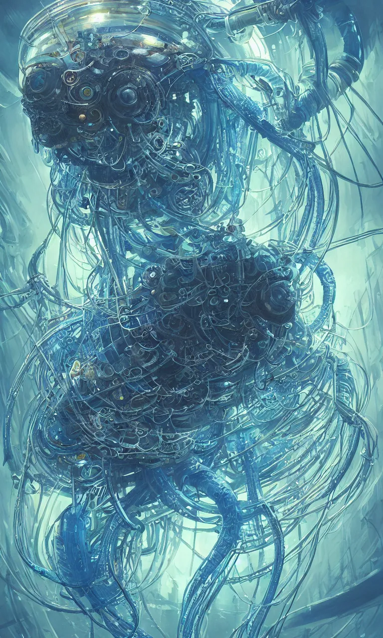 Image similar to a hyper detailed painting of a cyberpunk jellyfish, cables everywhere, blue tones, underwater, highly detailed, digital painting, artstation, concept art, smooth, sharp focus, illustration, art by artgerm and greg rutkowski and alphonse mucha