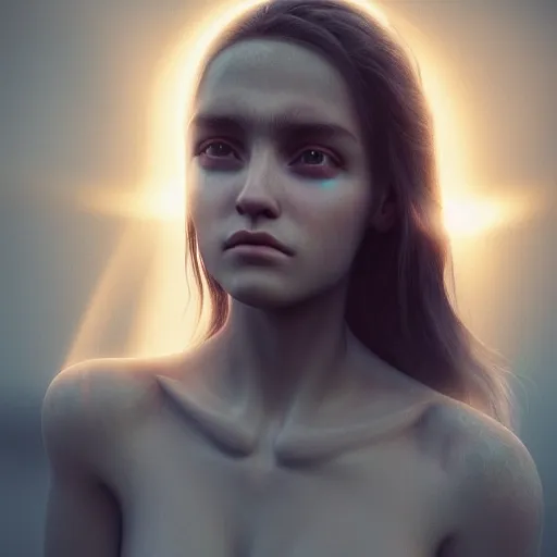 Image similar to portrait art of female angel by alessio albi 8 k ultra realistic, angel wings, lens flare, atmosphere, glow, detailed, intricate, full of colour, cinematic lighting, trending on artstation, 4 k, hyperrealistic, focused, extreme details, unreal engine 5, cinematic, masterpiece