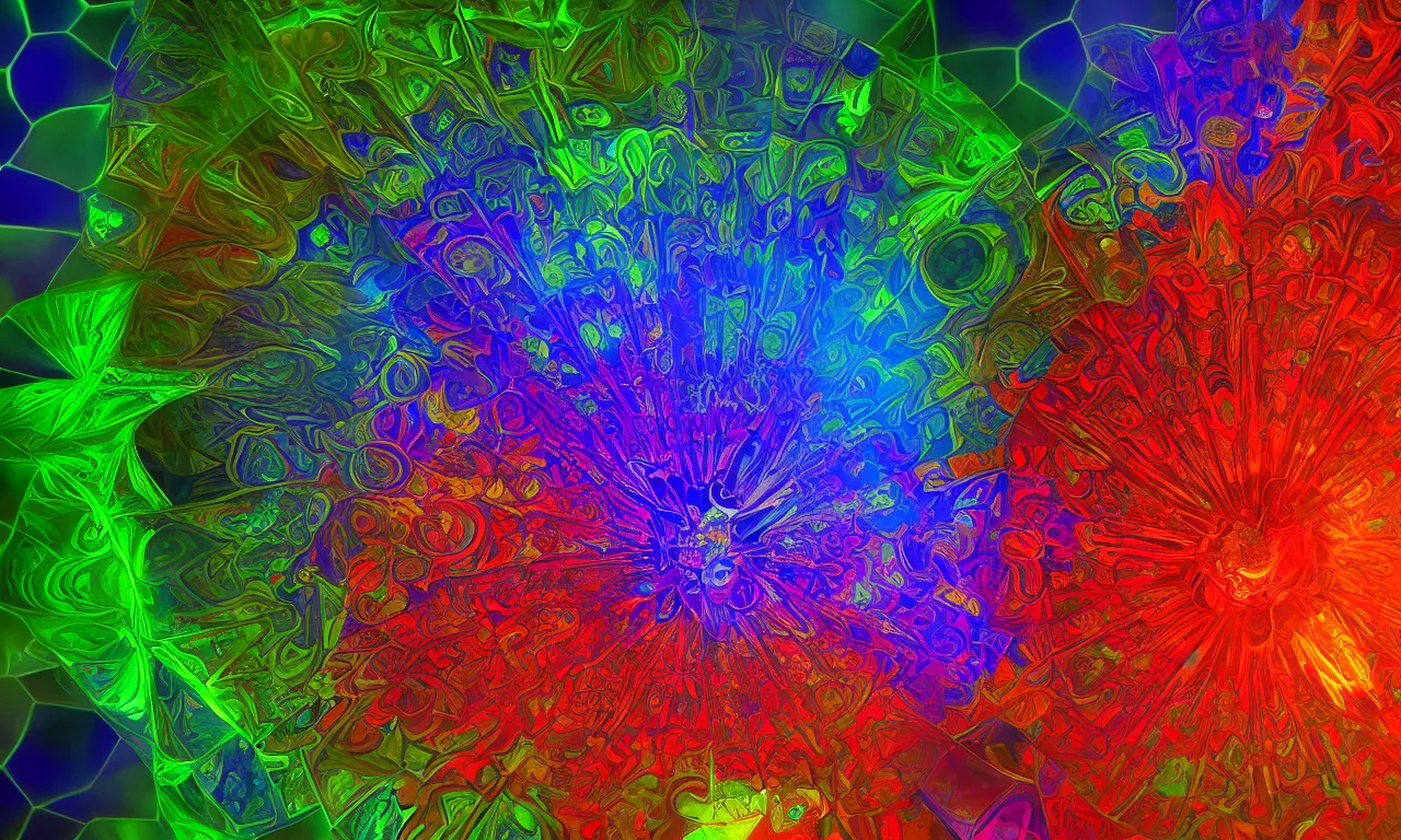 Image similar to acrylics blob voronoi engine laboratory 3 d volume kaleidoscope mandala fractal chakra digital multicolor stylized concept substance liquid nebula stone, a spectacular view cinematic rays of sunlight comic book illustration, by john kirby radiating a glowing aura global illumination ray tracing hdr depth fog overlay multiply photoshop layer