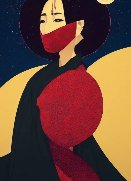 Prompt: portrait of a woman with a mask on his face in the form of a spiral in a golden kimono, full face, against the background of a bright red moon, sad motif, by ilya kuvshinov, dramatic, soft colors, futuristic, 8 k