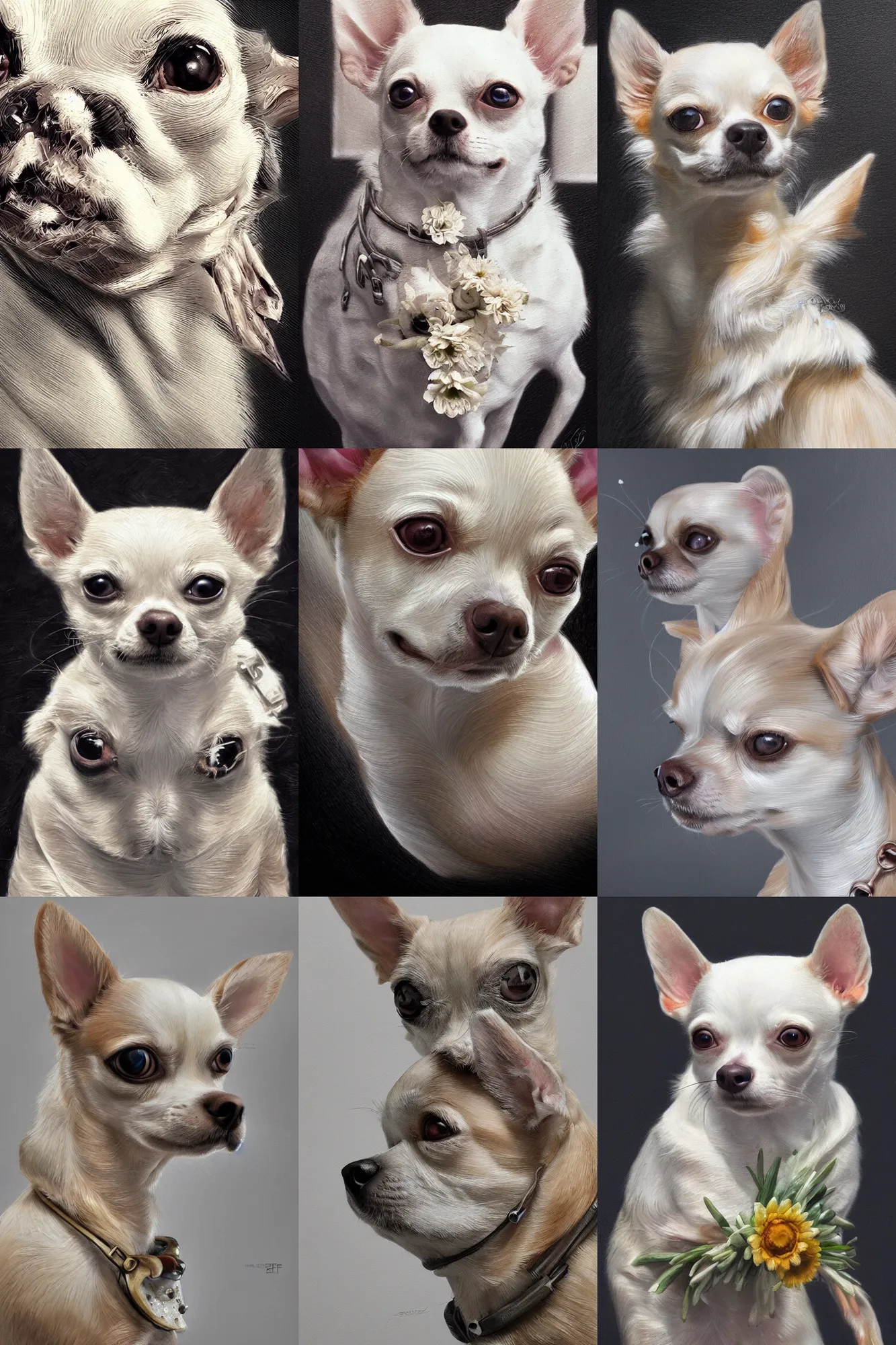 Prompt: ultra realistic illustration, portrait of a white and tan chihuahua bouquet, close up shot, cyberpunk, symmetrical, sci-fi, fantasy, intricate, elegant, highly detailed, digital painting, artstation, concept art, smooth, sharp focus, illustration, surrealism