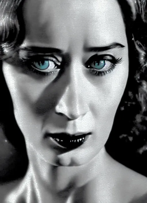 Prompt: 1973 film still from an Italian romance drama film of beautiful Emily Blunt as the goddess of black ice. staring intently at you. focused on her eyes. ultra detailed painting at 16K resolution and amazingly epic visuals. epically beautiful image. amazing effect, image looks gorgeously crisp as far as it's visual fidelity goes, absolutely outstanding. vivid clarity. ultra. iridescent. mind-breaking. mega-beautiful pencil shadowing. beautiful face. Ultra High Definition. godly shading. amazingly crisp sharpness. photorealistic film cel processed twice..