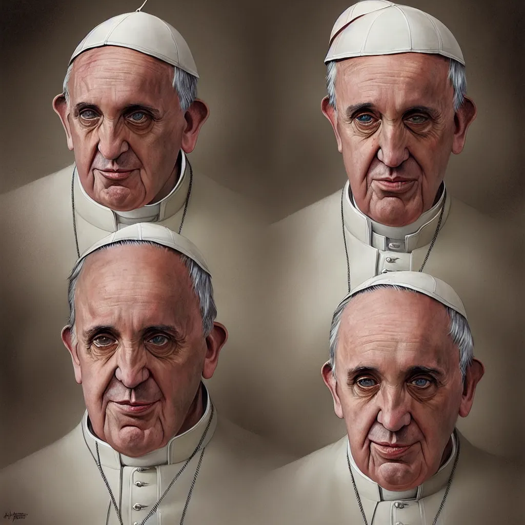 Prompt: pope francis, headshot, painted character portrait, highly detailed, digital painting, artstation, concept art, sharp focus, illustration, art by artgerm and greg rutkowski and alphonse mucha