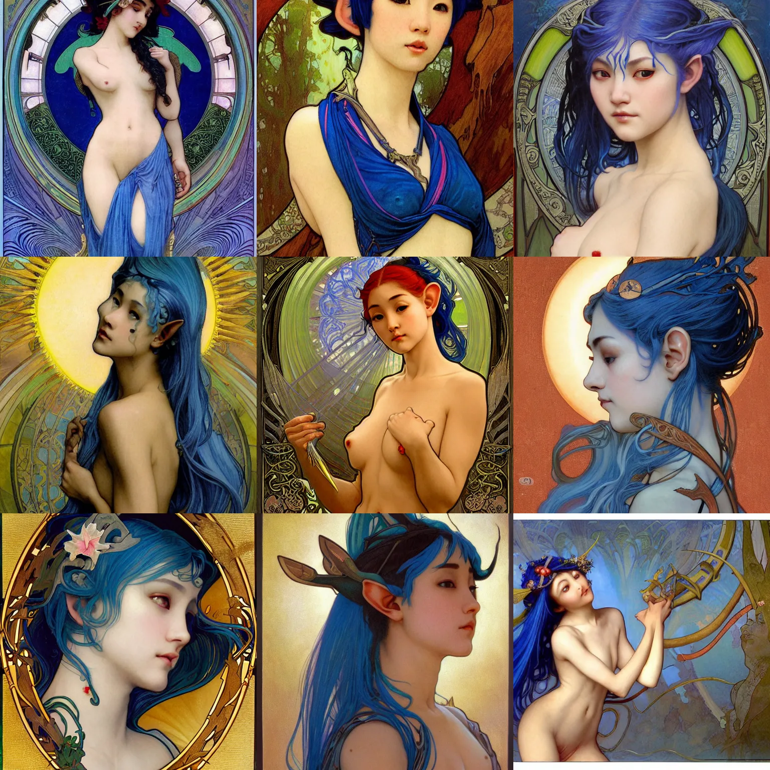 Prompt: stunning, breathtaking, awe-inspiring award-winning concept art nouveau painting of attractive Asian elf nymph with blue hair and pointy elf ears, as the goddess of the sun, with anxious, piercing eyes, by Alphonse Mucha, Michael Whelan, William Adolphe Bouguereau, John Williams Waterhouse, and Donato Giancola, cyberpunk, extremely moody lighting, glowing light and shadow, atmospheric, cinematic, 8K