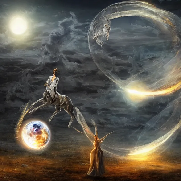 Prompt: Magical glowing sphere in midair containing a white celestial unicorn trapped inside it. A burnt landscape is in the background. The sphere is held by sinister rusting steel pincers that reach from the ground. Fantasy art in the style of Anne Stokes. Digital art, with lots of details, daily deviation on DeviantART