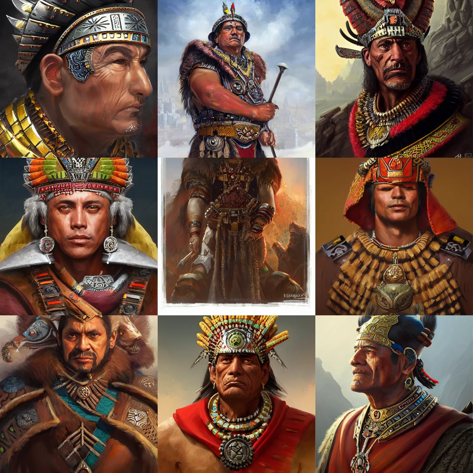 Image similar to aztec emperor, tenoch huerta, D&D, fantasy, portrait, highly detailed, digital painting, trending on artstation, concept art, sharp focus, illustration, art by artgerm and greg rutkowski and magali villeneuve