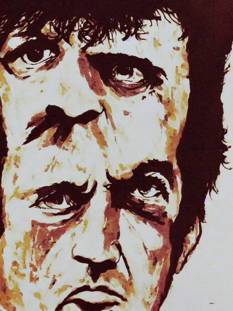 Prompt: close upt. cogerent eyes. detailed face. tony montana from movie scarface. color ink paint