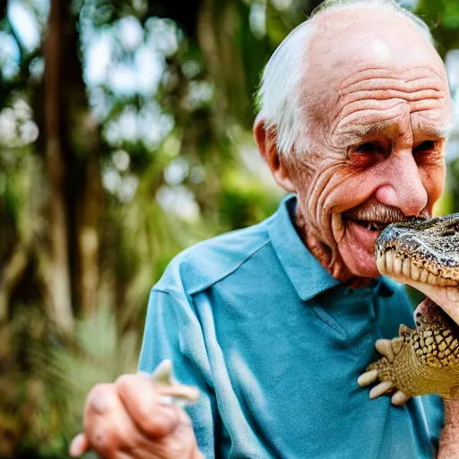 Image similar to elderly man feeding a crocodile, smiling, happy, crocodile, jungle, canon eos r 3, f / 1. 4, iso 2 0 0, 1 / 1 6 0 s, 8 k, raw, unedited, symmetrical balance, wide angle