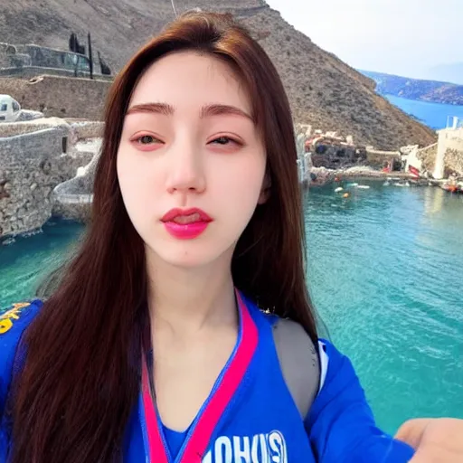 Prompt: female korean twitch streamer visiting greece and taking selfies