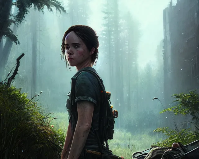 Image similar to highly detailed portrait of ellen page, in the last of us, stephen bliss, unreal engine, fantasy art by greg rutkowski, loish, rhads, ferdinand knab, makoto shinkai and lois van baarle, ilya kuvshinov, rossdraws, tom bagshaw, global illumination, radiant light, detailed and intricate environment