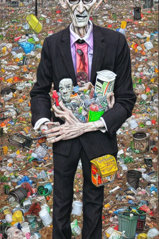 Image similar to full view, from a distance, of anthropomorphic trashcan william s burroughs, full of trash, style of yoshii chie and hikari shimoda and martine johanna, highly detailed