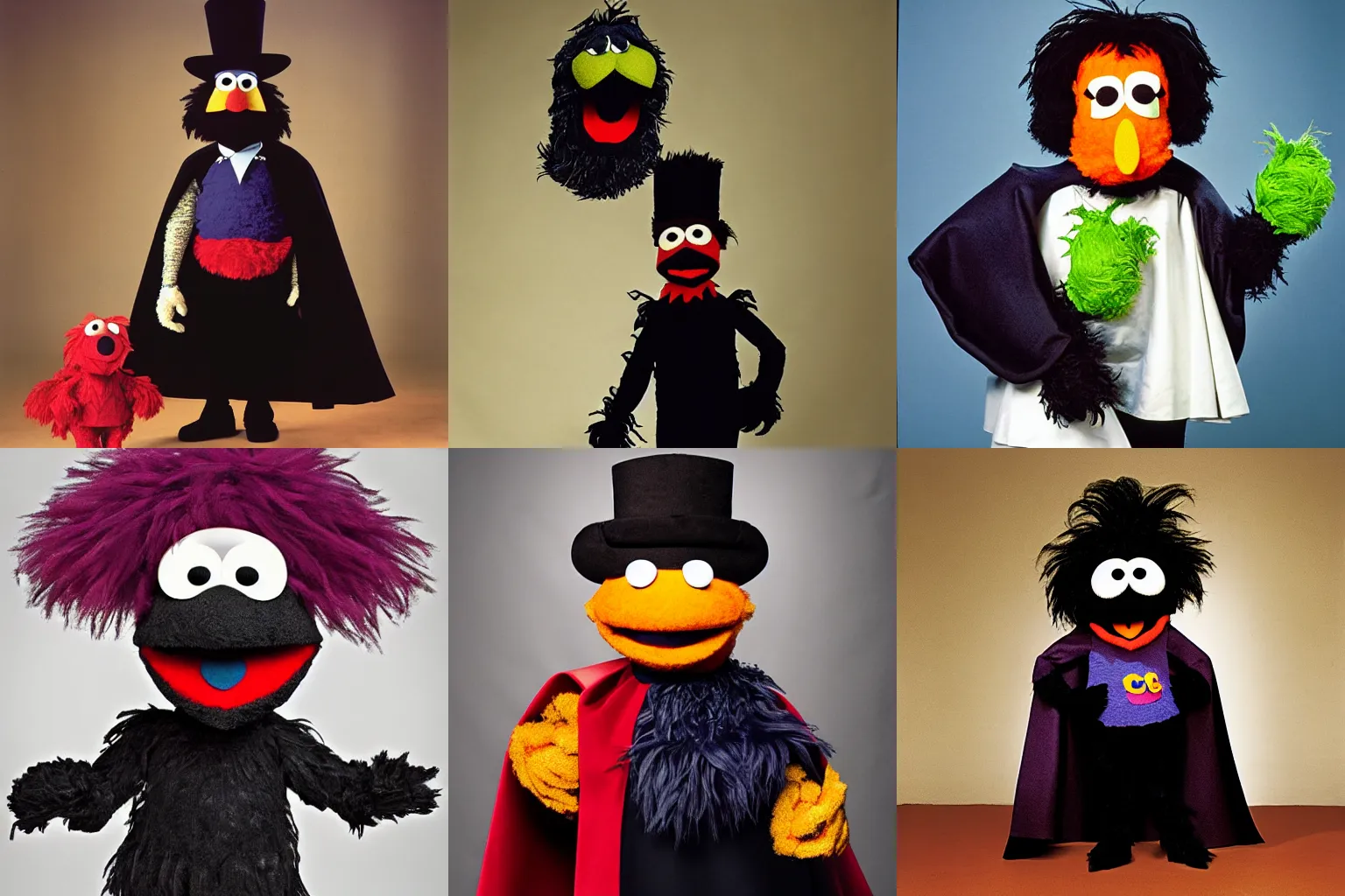 Prompt: studio portrait of a dark count wearing a cape, grover type muppet, sesame street (1996)