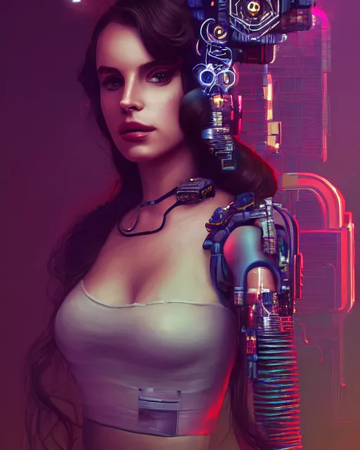 Image similar to portrait of lana del rey as a cyberpunk cyborg. roses, sci - fi, intricate abstract, upper body, intricate artwork, by tooth wu, wlop, beeple, dan mumford. concept art, 8 k octane render, deviantart, greg rutkowski, cinematic, key art, hyperrealism, iridescent accents