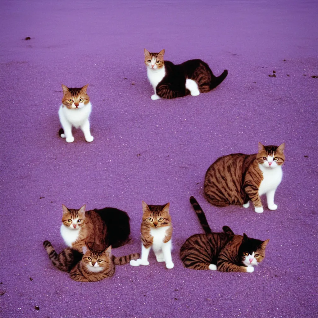 Image similar to cats on a purple beach, kodak gold 200,