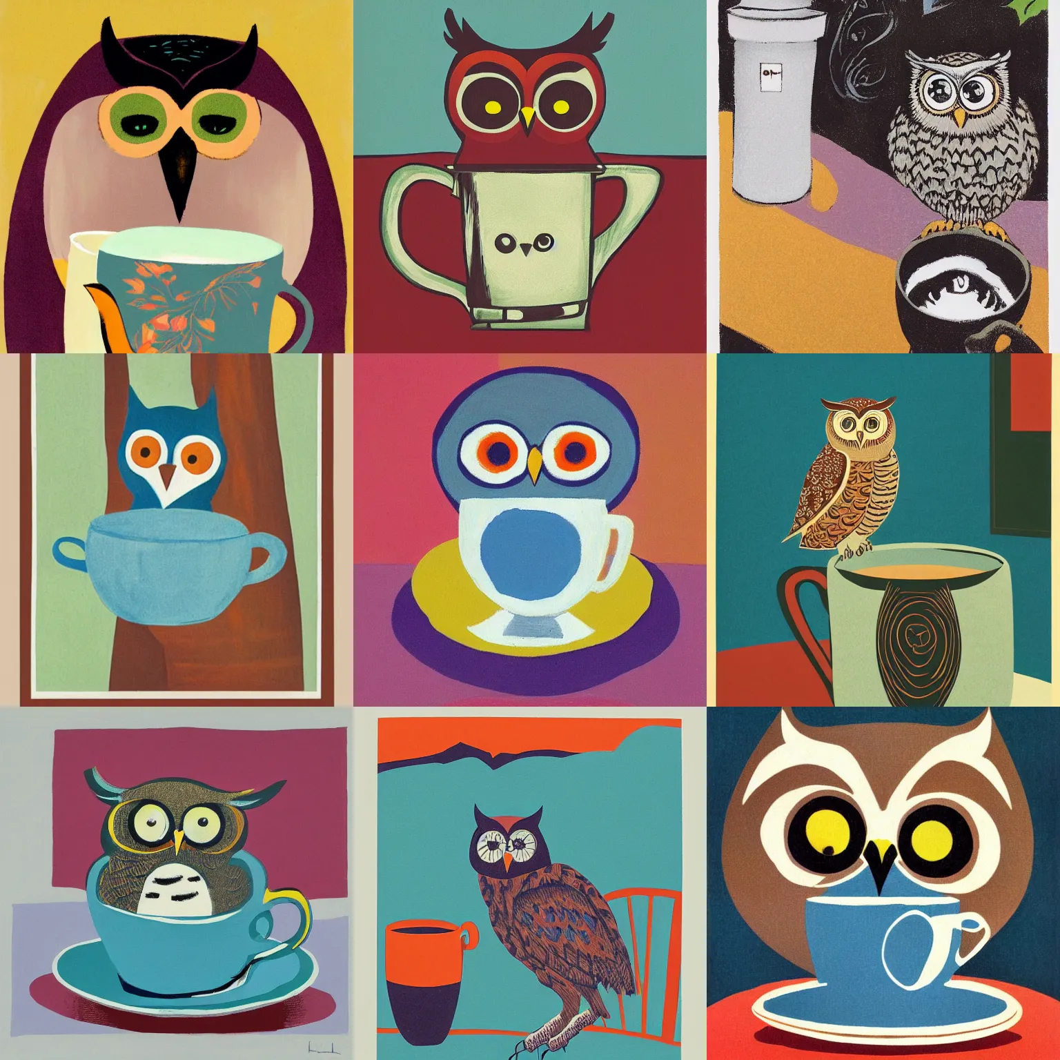 Prompt: owl at morning with cup of coffee, kirchner, gaughan, caulfield, aoshima, earle