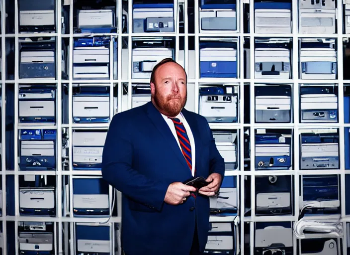 Prompt: dslr photo still of infowars host alex jones in a blue suit fat beard and mustache sitting depressed in a room filled to the ceiling with cell phones stacks of cell phones cell phones stacks cell phones filling the entire room, 5 2 mm f 5. 6