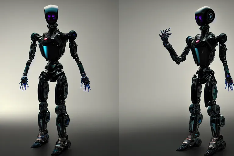 Image similar to cyberpunk alien concept inspired robot, futuristic look, highly detailed body, very powerful, photorealistic camera shot, bright studio setting, studio lighting, crisp quality and light reflections, unreal engine 5 quality render