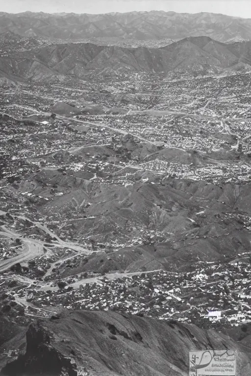 Image similar to retro photograph taken from hill of giant crack!!!!!! in the sky above southern california city