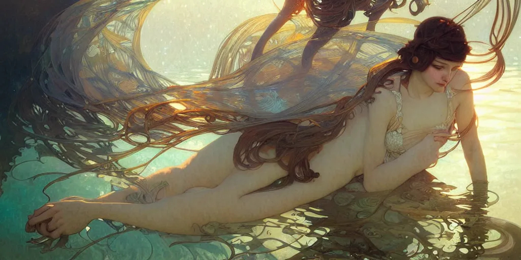 Image similar to a beautiful illustration of underwater life, intricate, sharp focus, illustration, highly detailed, digital painting, concept art, matte, art by wlop and artgerm and greg rutkowski and alphonse mucha, masterpiece