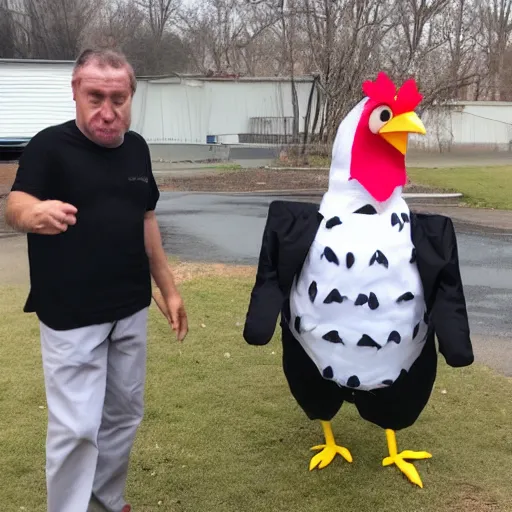 Image similar to a middle aged man in a poorly done chicken costume