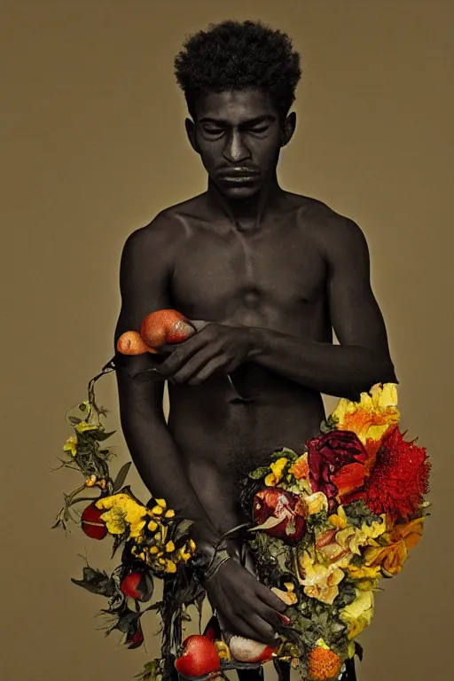 Image similar to a black young man's face in profile, with a guitar made of flowers and fruit, in the style of the Dutch masters and Alec Soth, dark and moody