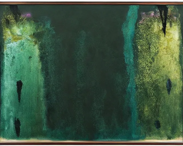 Prompt: abstract painting in black, dark green, gold, purple, painted by Pat Steir, Julian Schnabel, Helene Frankenthaler, abstract painting. 8k, dripping paint, extreme detail, intricate detail, masterpiece
