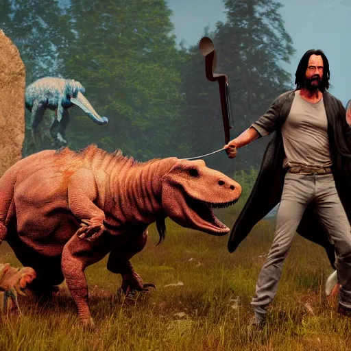 Image similar to a hyper real comic book style portait painting of keanu reeves in the stone age with dinosaurs, unreal 5, hyperrealistic, octane render, cosplay, rpg portrait, dynamic lighting