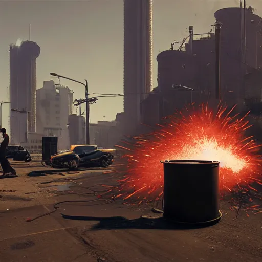 Prompt: huge black pack of c 4 - explosives on a red rusty oil - drum in gta v, stephen bliss, unreal engine, fantasy art by greg rutkowski, loish, rhads, ferdinand knab, makoto shinkai and lois van baarle, ilya kuvshinov, rossdraws, tom bagshaw, global illumination, detailed and intricate environment