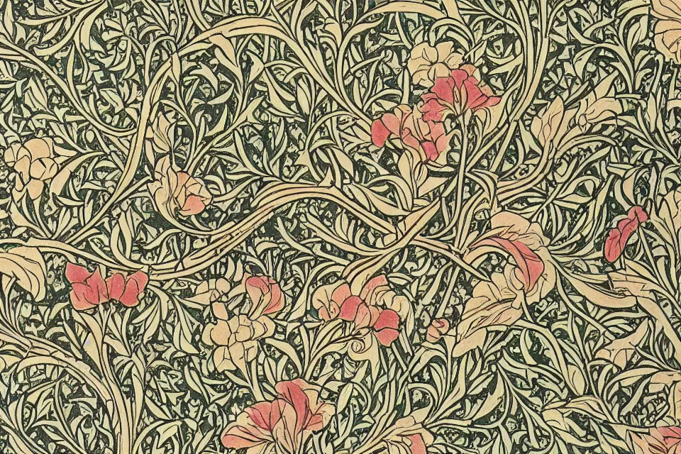 Prompt: intricate storytelling Art Deco wallpaper designs about sinister fairy tails by William Morris