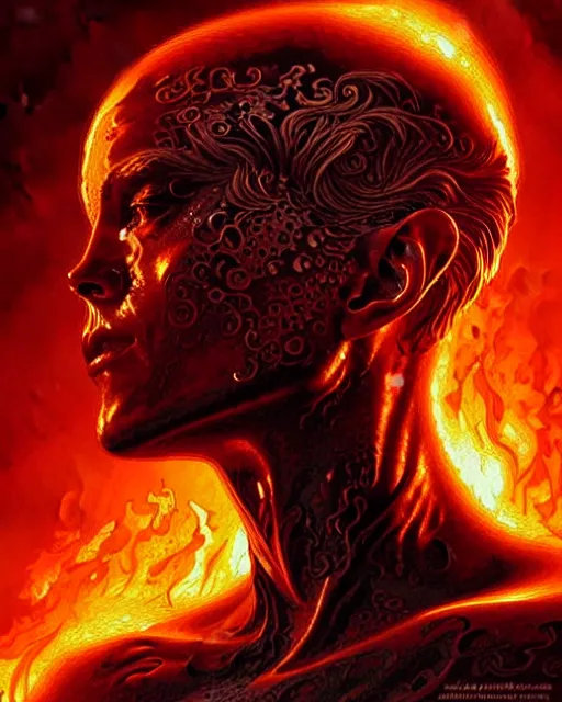 Image similar to A man made of fire, intricate heat distortion designs, elegant, highly detailed, sharp focus, art by Artgerm and Greg Rutkowski and WLOP