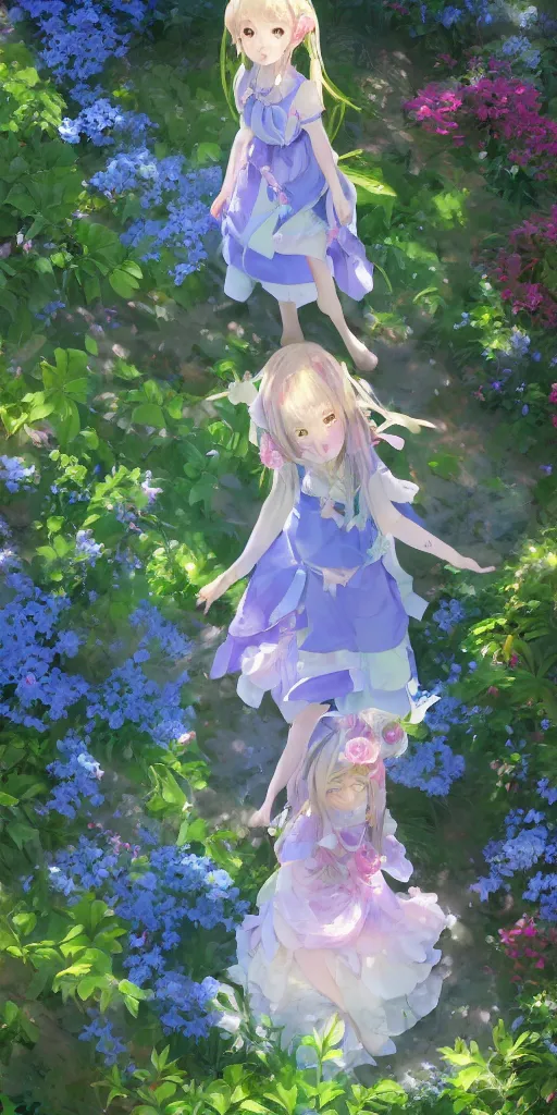 Image similar to a digital art of a loli with long hair in a dress in the privet garden at after noon, green and warm theme, blue flowers accents, back lighting, by krenz cushart and akihito yoshida and greg rutkowski and makoto shinkai, highly detailed, 4 k resolution, trending on art station