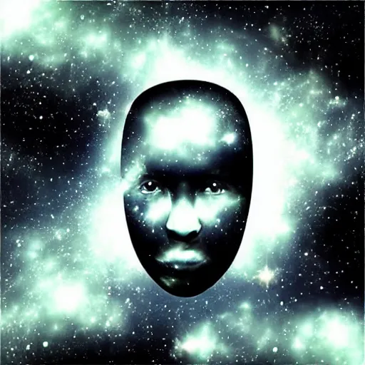 Image similar to “a shape of a man made out of universe matter, black matter as background”