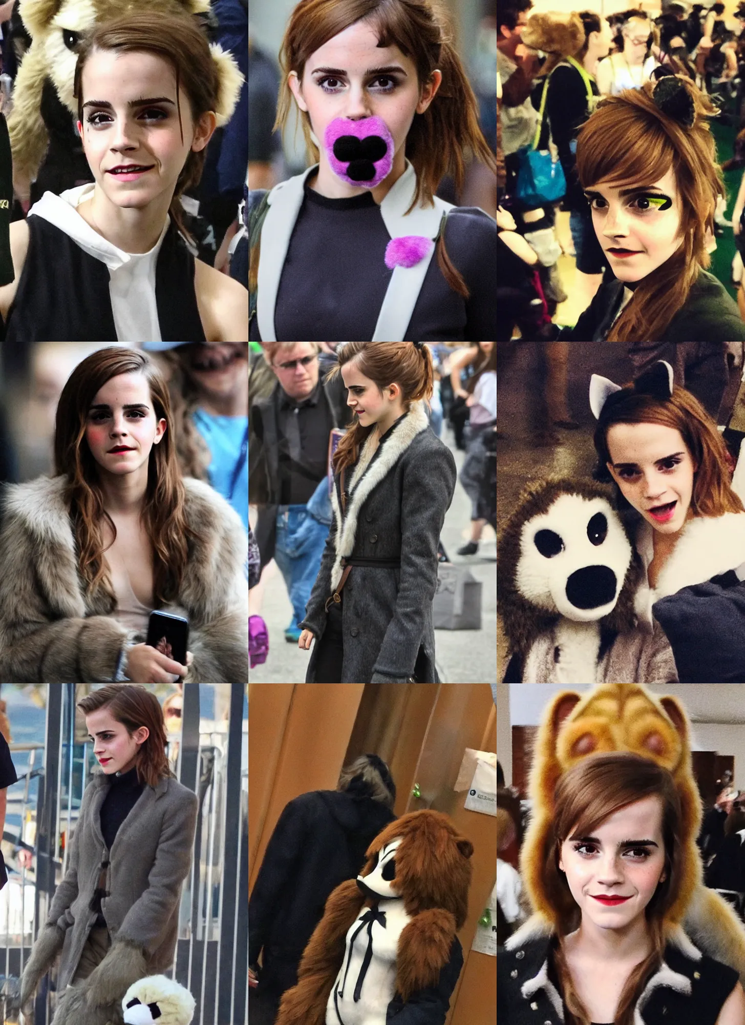 Image similar to emma watson spotted at a furry convention wearing her fursuit, face!!! visible!!!, photo taken with an iphone, candid photography, zoomed in