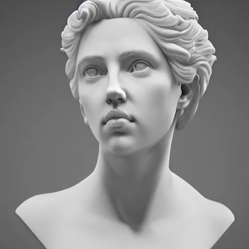 Image similar to a marble bust of actress Scarlett Johansson, made of Carrara marble, extremely detailed, 8K render, unreal engine, octane render, intricate, CGI, cgsociety, photograph, single subject, medium shot, shallow depth of field, by Gian Lorenzo Bernini