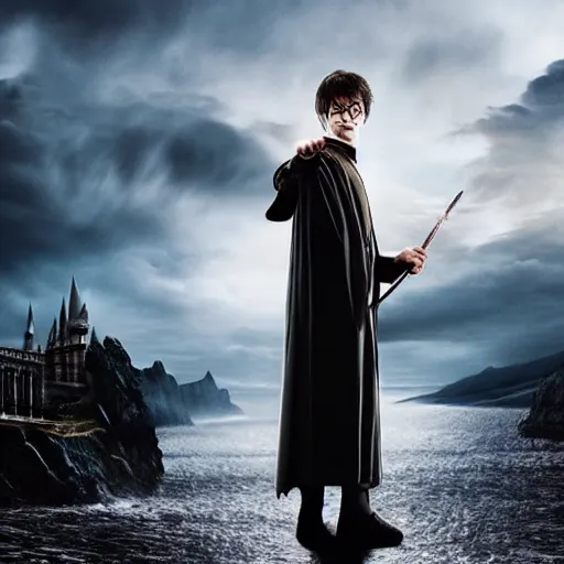 Image similar to Harry potter standing and holding a short wand, magic aura, side view, thunderclouds, cinematic shot, wide shot, epic scale, waving robe movement, photorealistic detail and quality, intricate cobblestone, floating rocks, particle effects, movie still, nighttime, crescent moon, sharp and clear, action shot, intense scene, visually coherent, symmetry, rule of thirds, movement, photorealistic colors, cool colors transitioning to warm colors, modest tone, award winning, directed by Steven Spielberg, Christopher Nolan, Tooth Wu, Asher Duran, artstation