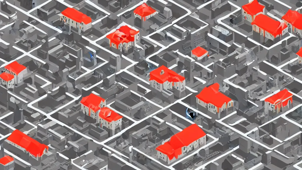 Image similar to infrared resounding isometric stencil village / city setting