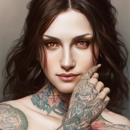 Image similar to ultra realistic illustration, a hot brunette tattooed slavic woman in her late 2 0's, intricate, elegant, highly detailed, digital painting, artstation, concept art, smooth, sharp focus, illustration, art by artgerm and greg rutkowski and alphonse mucha