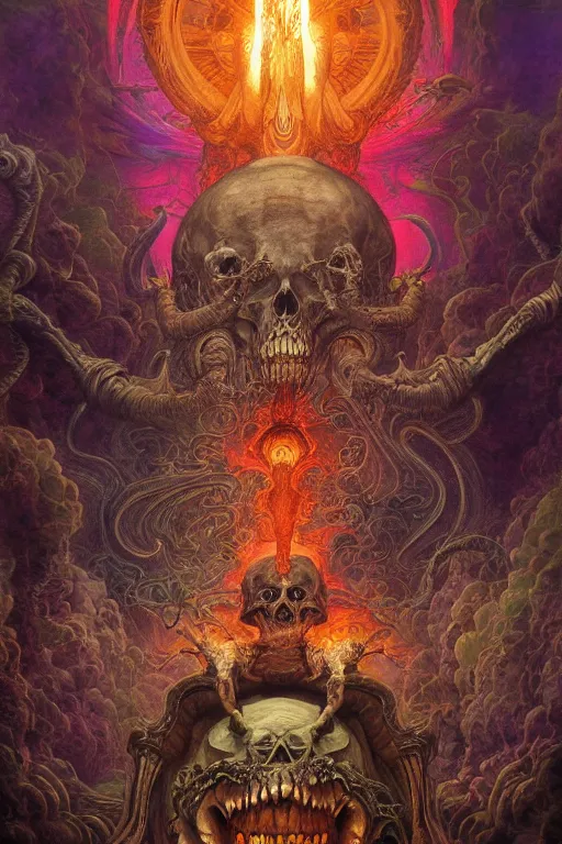 Image similar to gigantic psychedelic demonic cosmic skull of death and hell fire, fantasy painting, ultra realistic, wide angle, art nouveau, intricate details, rainbowshift, vivid colors, highly detailed by peter mohrbacher, h. r. giger, maxfield parrish, gustave dore, craig mullins, octane render, cgi