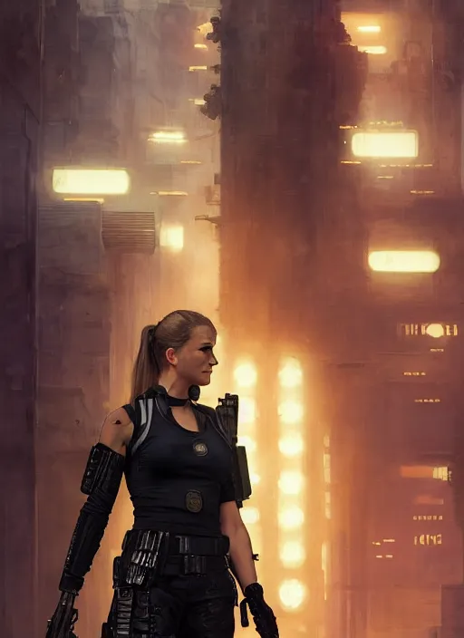 Prompt: sonya blade. cyberpunk police trooper in a military vest ( blade runner 2 0 4 9, cyberpunk 2 0 7 7 ). orientalist portrait by john william waterhouse and james gurney and theodore ralli and nasreddine dinet, oil on canvas. cinematic, hyper realism, realistic proportions, dramatic lighting, high detail 4 k