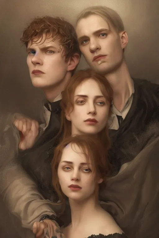 Image similar to a portrait of handsome young male nordic Satan and his elegant beautiful nordic witch wife, bored, illustration, dramatic lighting, soft details, painting oil on canvas, art nouveau, octane render, HDR, 4k, 8k, HD, by Edmund Blair Leighton, Brom, Charlie Bowater, trending on artstation, faces by Tom Bagshaw, Sargent