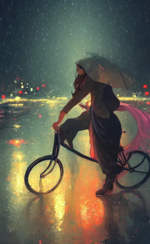 Prompt: a beautiful illustration of a woman riding a bicycle in a rainy night, fiery particles, anime aesthetic, midnight theme, depth of field, bokeh, composition study, featured on artstation, by art by artgerm and greg rutkowski and alphonse mucha, vertical orientation