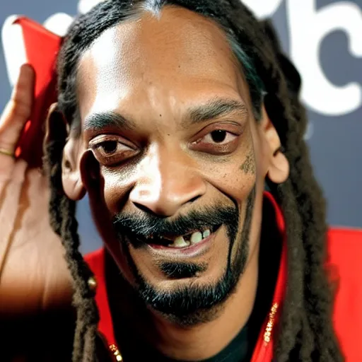 Image similar to Snoop Dog with big eyes eye color red , smiling and holding a joint in his hand