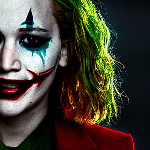 Image similar to Promo picture of Jennifer Lawrence as Joker in Dark Knight remake (2029)