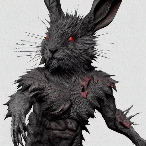 Prompt: dark character undead rabbit, character concept artwork, concept, detailed scales, skin, fur, etc, monster creature, horror, claws, teeth sharp, high detail iconic character, mutated, trending on artstation