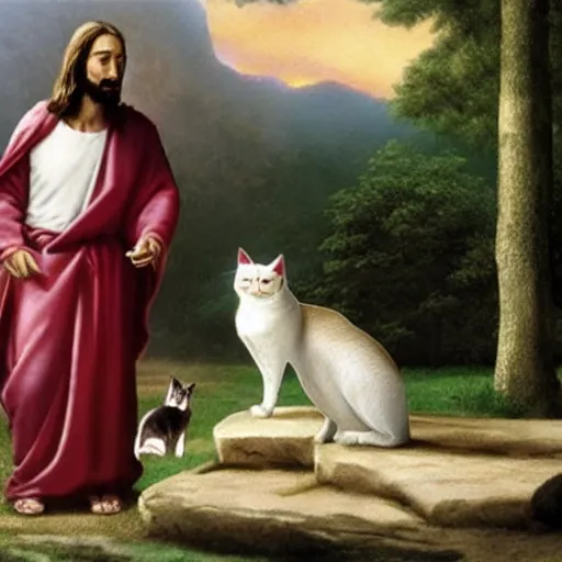 Image similar to realistic photo of jesus explaining the meaning of life to a cross - eyed cat,