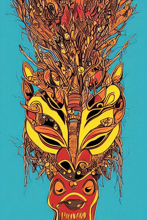 Image similar to animal mask totem roots flower tribal feather gemstone plant wood rock shaman vodoo video game vector cutout illustration vivid multicolor borderlands comics by josan gonzales and dan mumford radiating a glowing aura