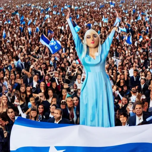 Image similar to Lady Gaga as president, Argentina presidential rally, Argentine flags behind, bokeh, giving a speech, detailed face, Argentina