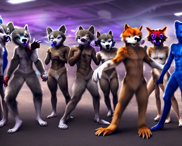 Image similar to high - resolution photograph from a nanopunk era furry fandom convention ( midwest furfest 2 0 4 7 ), taking place after the genetic revolution and singularity. photorealistic.