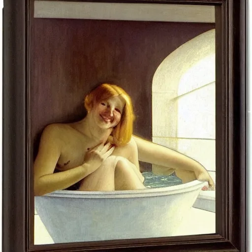 Image similar to realistic oil painting of young woman in a bathtub full of milk, smiling with her eyes closed as she washes herself, city lights from art deco window, hopper, mucha, irene patten, manara,