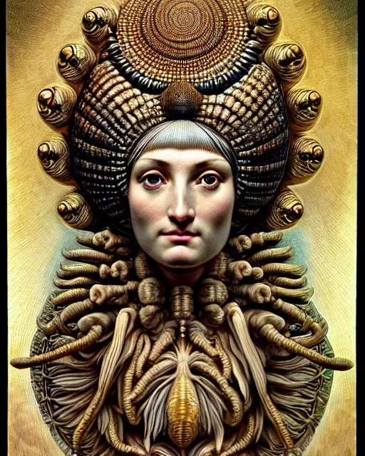 Prompt: hyperrealistic detailed face portrait of the beautiful goddess of the giant isopods with an intricate golden ornamental geometrical giant isopod headdress, art by ernst haeckel, john william godward, android jones, h. r. giger, gothic - cyberpunk, ornamental, dimmed pastel colours,